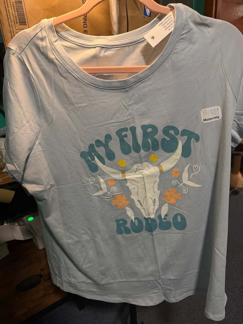 C0079 Time and Tru Women's Maternity My First Rodeo Graphic Tee Size XL